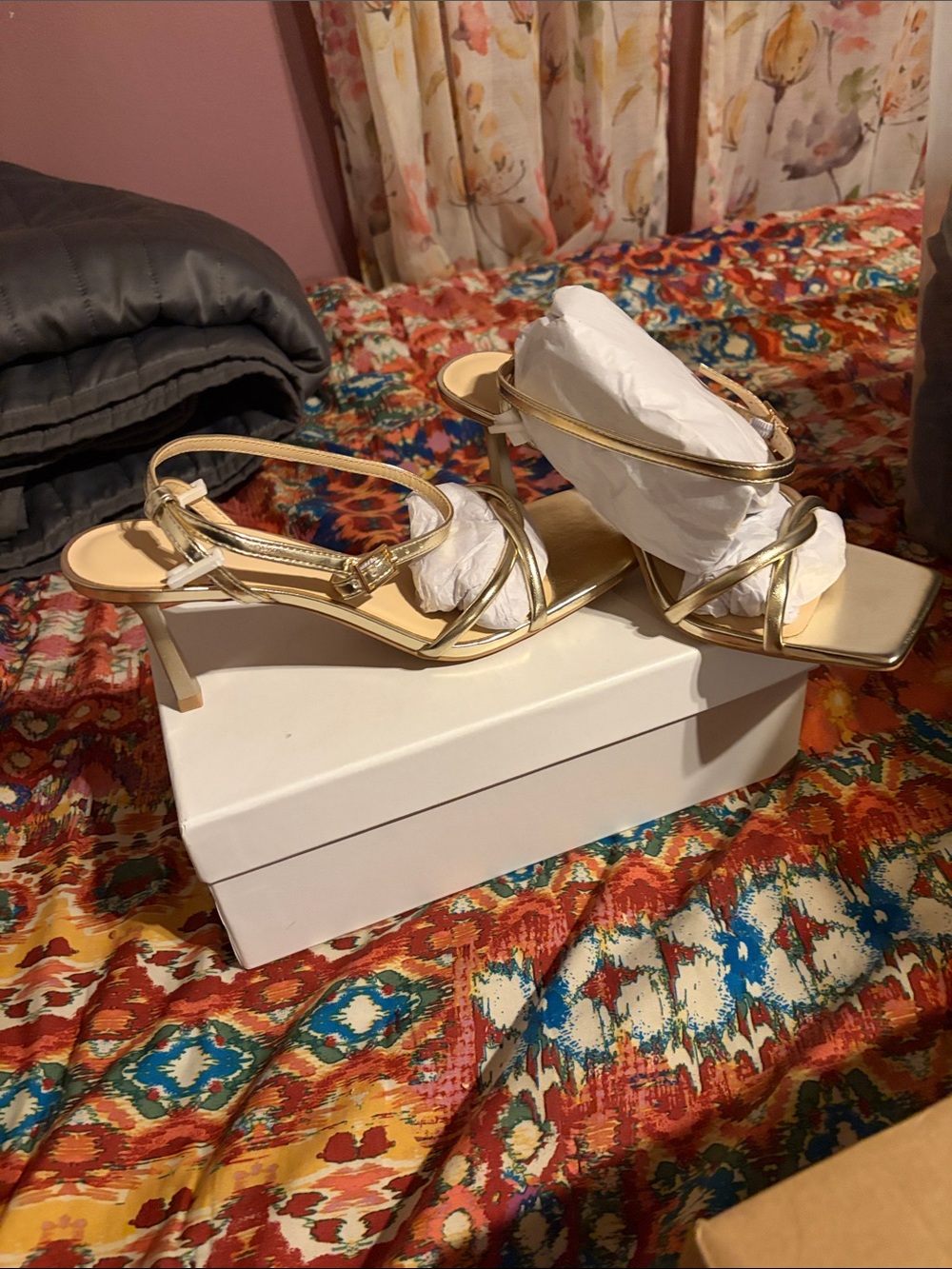 Gold Strappy Women’s Low Heel Sandals